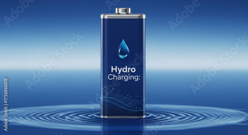 Hydro charging battery concept with water drop and ripple effect, showcasing sustainable energy and ecofriendly power solutions for a greener future