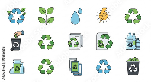 Collection of ecology and recycle icons recycle symbol, plant, water drop, light, trash can, paper, and electronic