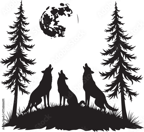Three wolves howling at full moon silhouette wolf