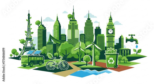 Green city with ecofriendly elements, showcasing sustainable living and renewable energy sources for a cleaner environment and a healthier future