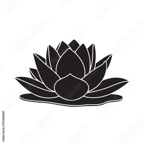Black silhouette lotus flower vector illustration water lily bloom outline drawing isolated on white background stylized graphic design element for decor branding print