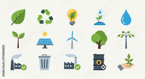 Collection of ecology and environmental icons, featuring renewable energy, recycling, and sustainable practices for a greener future