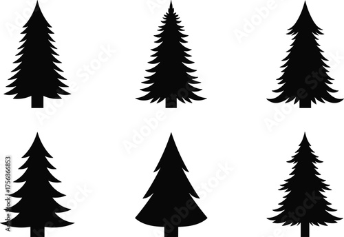 Set of six pine tree silhouettes, minimalist evergreen forest vector collection, black Christmas tree icons for holiday decoration and design
