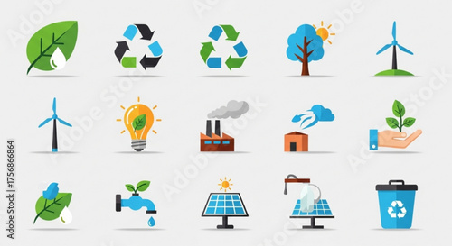 Eco and environmental icon set, showcasing renewable energy, recycling, and sustainable practices for a greener world