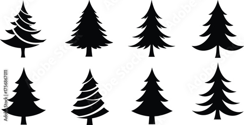Christmas pine tree silhouette collection, black fir tree vector icons, minimalist winter holiday decoration elements for festive design projects