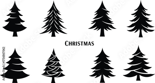 Christmas tree silhouette collection, minimalist pine and fir tree icons, festive winter decoration elements for holiday and design use