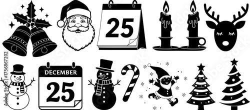 Classic christmas holiday silhouettes collection featuring Santa reindeer snowman bells trees and traditional festive symbols