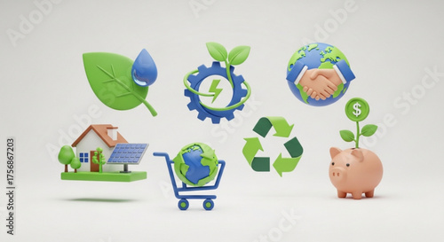 A collection of 3d rendered icons representing environmental sustainability, renewable energy, and responsible consumption