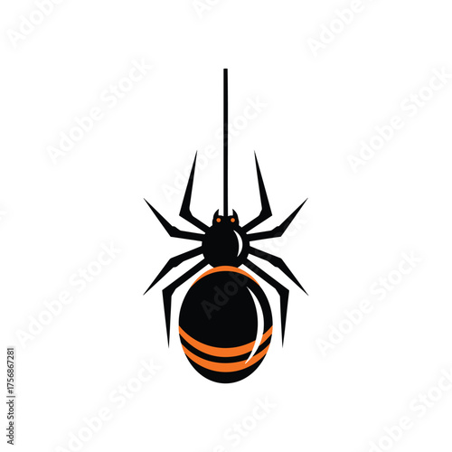 A stylized black and orange spider with glowing eyes hangs from a single silk thread on a white background.