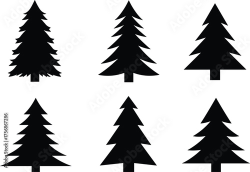 Black pine tree silhouettes set, minimalist evergreen tree vector icons for Christmas, forest, winter, nature, design, and decoration themes
