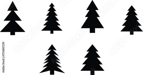 Minimalist pine tree silhouettes set, simple geometric evergreen tree vector icons for forest, Christmas, holiday, winter, and nature design themes