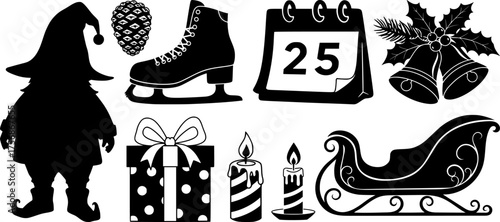 Christmas holiday silhouettes collection with santa sleigh ice skate calendar bells gifts and festive seasonal elements