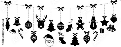 Festive christmas ornaments banner with hanging decorative elements santa trees snowman baubles and bows creating holiday garland
