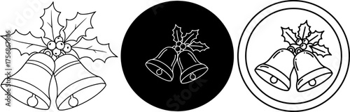 Christmas bells with poinsettia flowers three style variations outline filled and circle design for festive holiday decoration