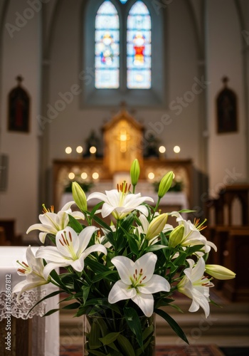 Immaculate conception church interior with white lily flowers and altar in soft candlelight