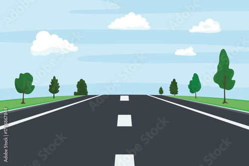 Highway Road Perspective, Vector Illustration. Empty Asphalt with Lane Markings, Countryside Trees and Sky. Road Background, Road Illustration