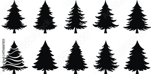 Silhouette collection of pine trees, evergreen forest illustration, Christmas tree icons set, black fir tree design, winter nature elements vector