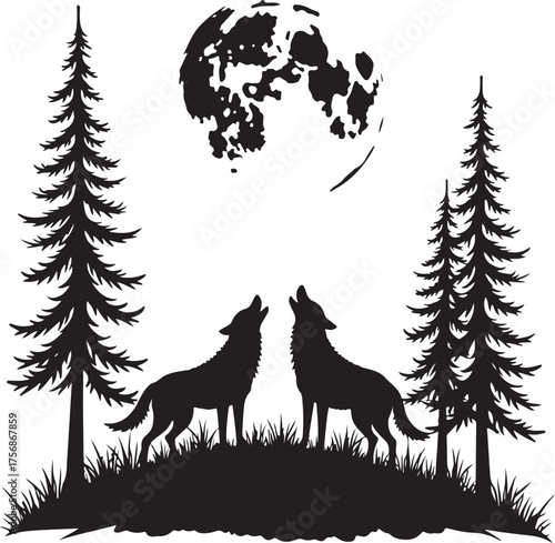 Two wolves howling at full moon between pine trees