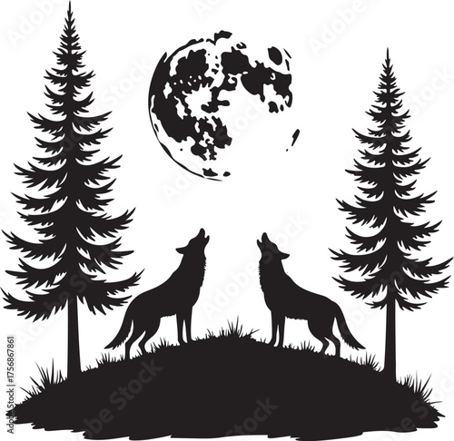 Two wolves howling at full moon between pine trees