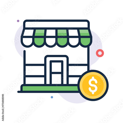 Flat icon of store representing entrepreneurship and sales