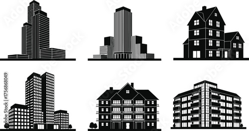Modern and residential building silhouettes set, urban architecture collection of skyscrapers and houses, black vector illustration of city structures