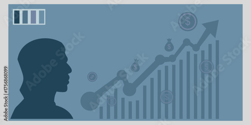 Monochromatic blue vector of a man silhouette and upward chart, symbolizing business growth, financial success, and investment profit. Perfect for corporate and finance themes.