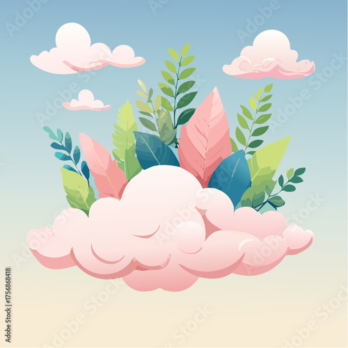 Surreal Plants Growing on Clouds Vector Illustration