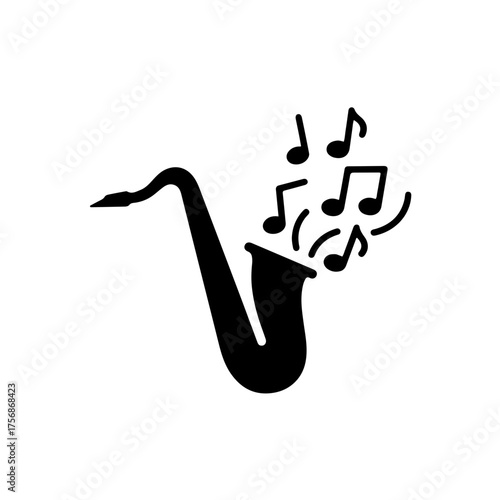 Minimalist black and white line art icon of a saxophone with flowing musical notes. A simple, elegant symbol for jazz music, concerts, and International Jazz Day