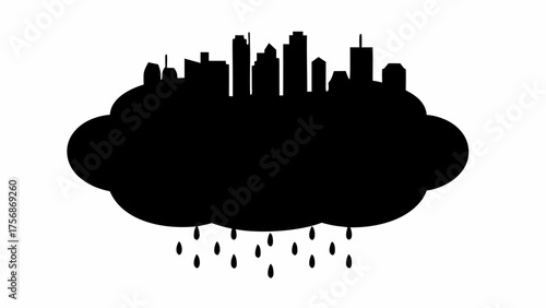 Cityscape skyline nestled within a raining cloud, a symbol of urban weather and environmental challenges