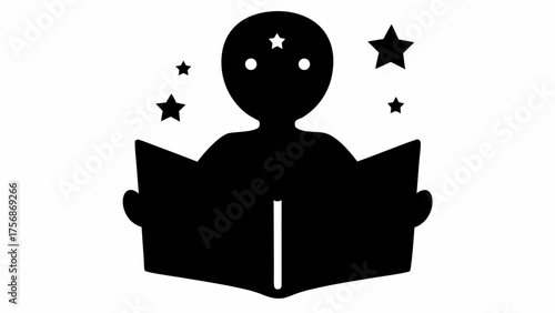 Enthralled reader absorbed in a captivating book surrounded by stars, a silhouette of imagination