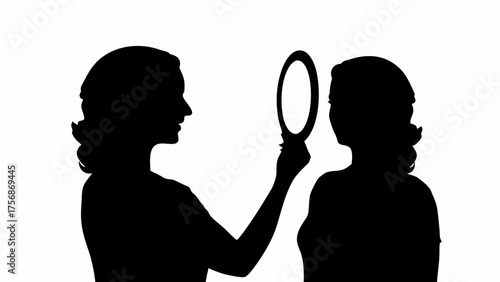 Elegant woman gazing into a mirror, reflecting on beauty and self image in silhouette style