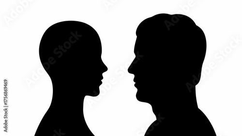 Silhouette profiles of a man and woman facing each other in stark contrast, vector design for love, connection