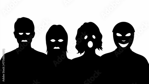 Silhouetted figures express diverse emotions, creating dramatic impact with stark contrast and haunting expressions