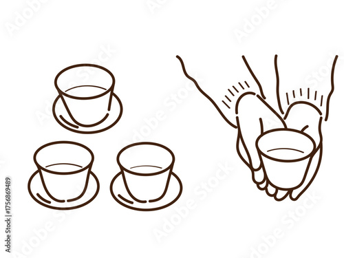 シンプルな線画の湯呑みを持つ手のイラスト