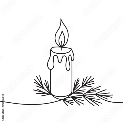 Christmas Candle Line Art | Minimal Outline Candle with Pine Branches and Flame | Black and White Vector Illustration