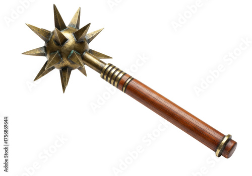 Medieval spiked mace isolated PNG, ancient weapon with wooden handle and metal head on transparent background, historical combat tool
