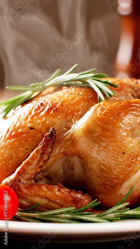 Roasted chicken dish with herbs on a plate