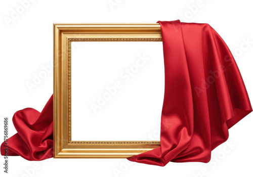 Quadro su tela Gold picture frame with red silk fabric isolated PNG, elegant empty frame mockup