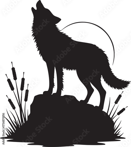 Black silhouette of a wolf howling at the moon on a rock