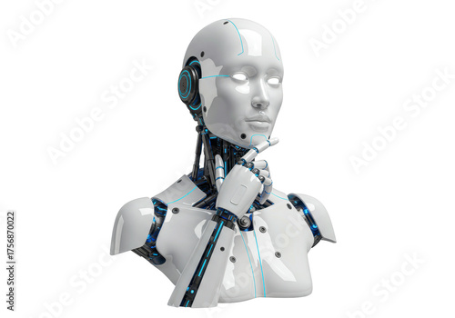 Isolated futuristic robot with artificial intelligence contemplating thoughtful pose
