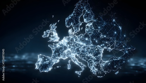 Illuminated map of europe at night glowing with bright lights showing major cities and interconnectedness across the continent