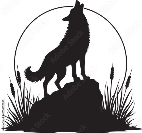 Black silhouette of a wolf howling at the moon rock
