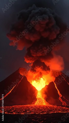 Volcanic eruption molten lava flowing with smoke and intense flames