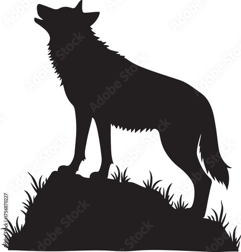 Black silhouette of a wolf howling on a grassy mound