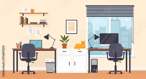 Modern Twin Home Office Setup for Remote Work with City View and Pet Cat