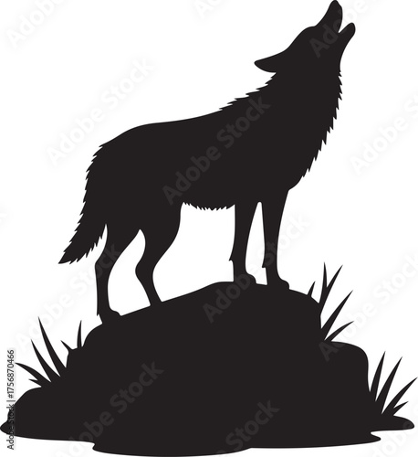 Black silhouette of a wolf howling on a rock animal