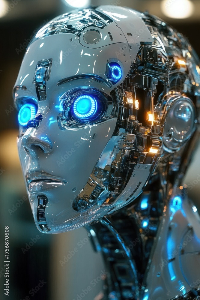 Fototapeta premium Close-up view of a futuristic humanoid robot head with illuminated blue eyes and intricate mechanical details, conveying advanced technology and sophistication