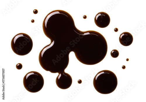 Dark brown balsamic vinegar drops isolated PNG, balsamic glaze spots on transparent background for food design and culinary use