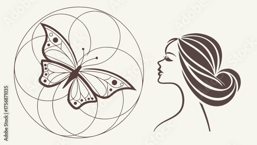 Butterfly and woman profile, beauty and nature concept, vector illustration line art of butterfly in circle and girl with long hair
