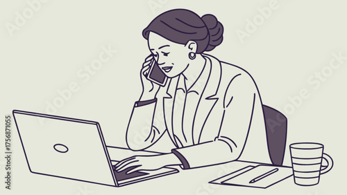 Woman Talking on Phone while Using Laptop at Desk